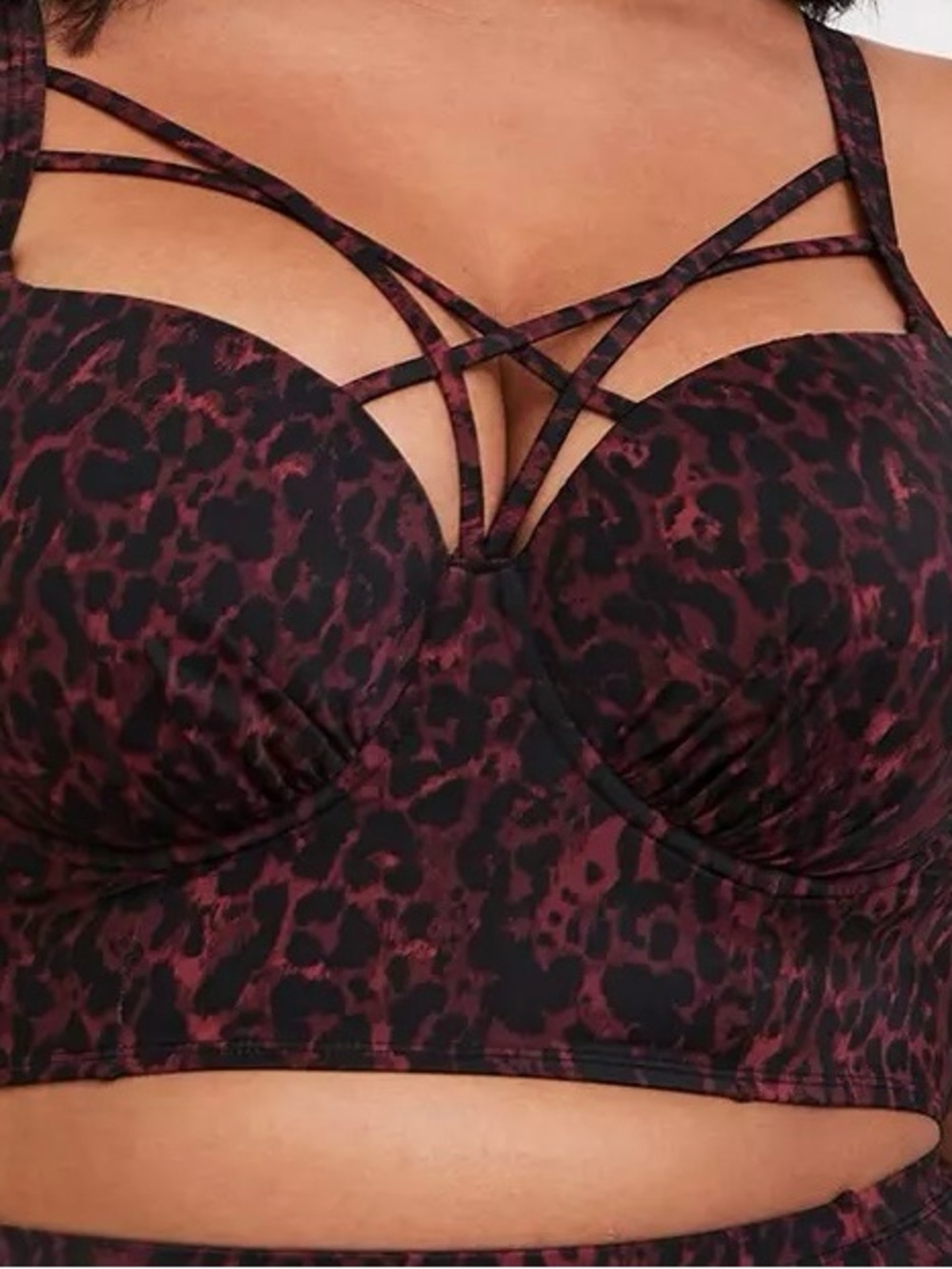 Plus-Size Strappy Longline Bikini Top in Burgundy Leopard